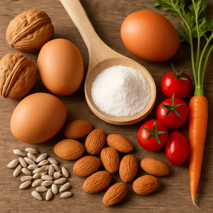 Walnuts, eggs, almonds, sunflower seeds and tomatoes on a wooden table