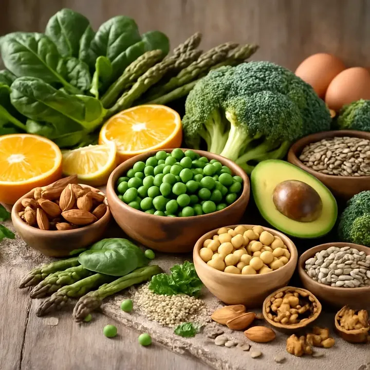Spinach, broccoli, asparagus, peas, avocado and citrus