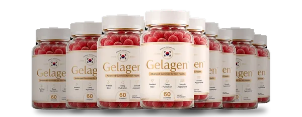 Six bottles of Gelagen gummies lined up